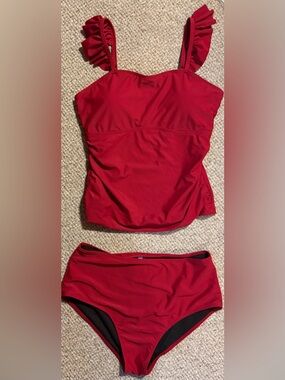 Kate Kasin Red Ruffle Strap Tankini Set High Waisted Bottoms Size L